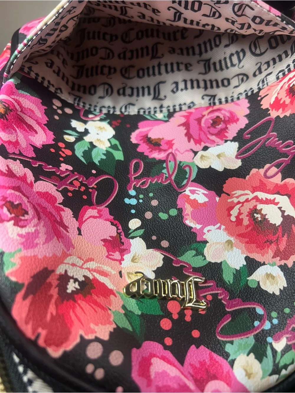 Juicy Couture Black Floral Mini Backpack with Pink Roses